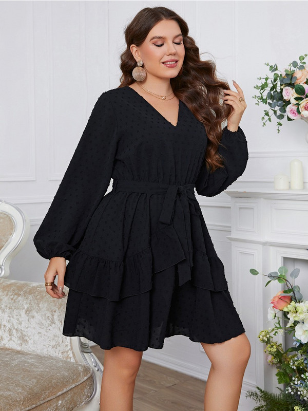 Μακρυμάνικο Γυναικείο Φόρεμα V Λαιμόκοψη Κουρασμένα Φορέματα Μέση Ζώνη Μονόχρωμη Ρόμπα Υπερμεγέθη με κουκκίδες Γυναικείο Sundress