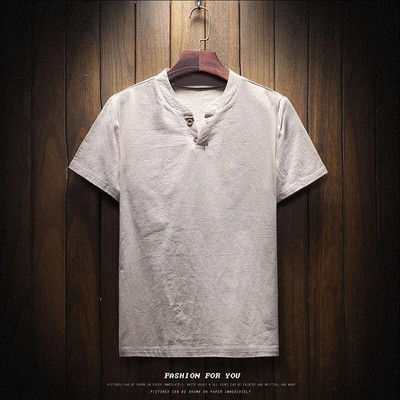 Ljetna lanena majica kratkih rukava Muška ležerna opuštena majica s V-izrezom Trendy bijela crna nebesko plava Zangqing plava kaki boja