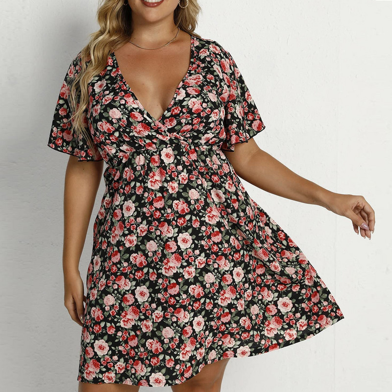 Liela izmēra Punktu kleita Šifona kleita ar V kakla izgriezumu, īsām piedurknēm ikdienas vasaras pludmales kleitas ar augstu vidukli.