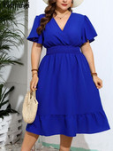 Καλοκαιρινό μίντι φόρεμα με V λαιμόκοψη σε συνθετικό μέγεθος Γυναικείο φαρδύ βολάν Πλισέ Μόδα Λεπτά Γυναικεία Φορέματα Κοντό μανίκι Casual Γυναικείο Φόρεμα