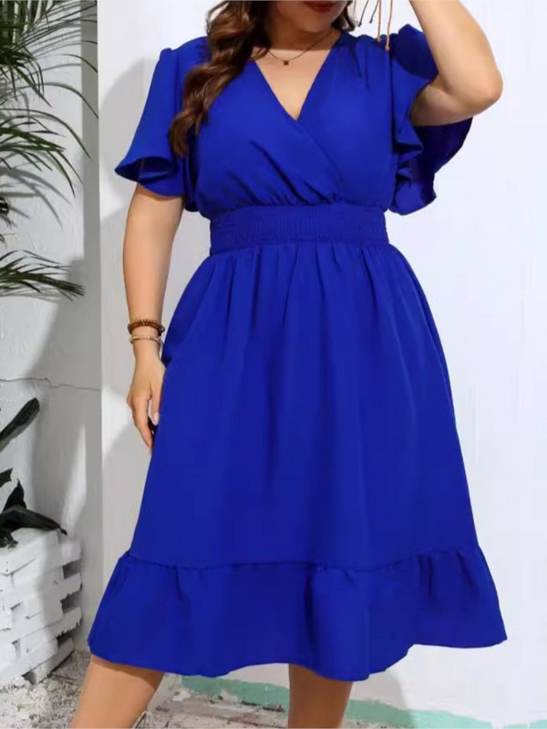 Καλοκαιρινό μίντι φόρεμα με V λαιμόκοψη σε συνθετικό μέγεθος Γυναικείο φαρδύ βολάν Πλισέ Μόδα Λεπτά Γυναικεία Φορέματα Κοντό μανίκι Casual Γυναικείο Φόρεμα