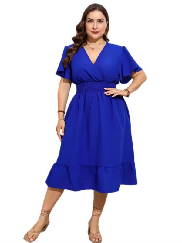 Καλοκαιρινό μίντι φόρεμα με V λαιμόκοψη σε συνθετικό μέγεθος Γυναικείο φαρδύ βολάν Πλισέ Μόδα Λεπτά Γυναικεία Φορέματα Κοντό μανίκι Casual Γυναικείο Φόρεμα