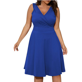 Плюс размер 5XL лятна рокля за жени Синя секси V-образно деколте без ръкави Официален повод Миди рокли Дамска офис вечерна парти рокля