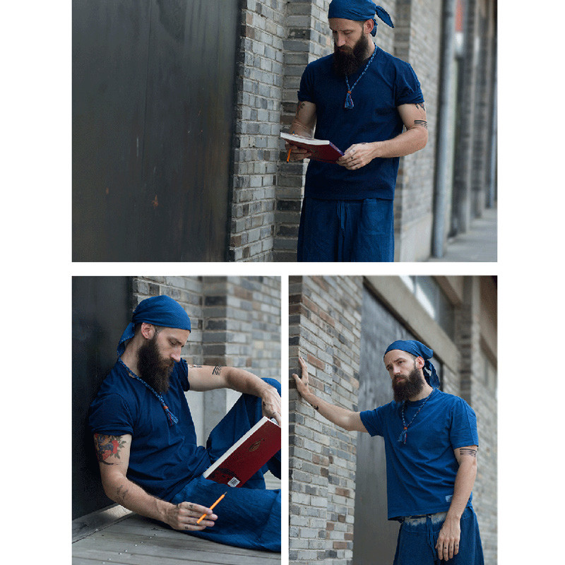 BADBOWL Visokokvalitetna pamučna indigo majica s ručno rađenim biljnim bojama Muška majica kratkih rukava s okruglim izrezom u japanskom retro stilu.