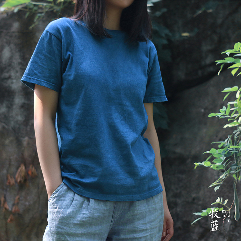 BADBOWL Visokokvalitetna pamučna indigo majica s ručno rađenim biljnim bojama Muška majica kratkih rukava s okruglim izrezom u japanskom retro stilu.