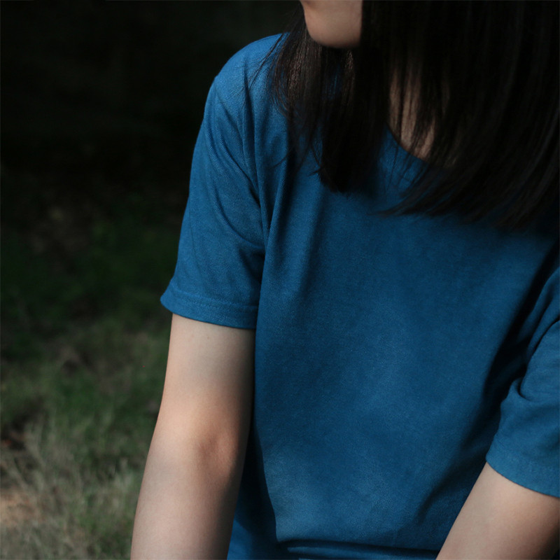 BADBOWL Visokokvalitetna pamučna indigo majica s ručno rađenim biljnim bojama Muška majica kratkih rukava s okruglim izrezom u japanskom retro stilu.