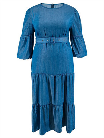 Wmstar Дънкови рокли с големи размери за жени, едноцветни модни дълъг ръкав, елегантна нова макси рокля Дропшиппинг на едро с превръзка