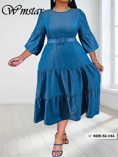 Wmstar Plus Size teksakleidid naistele Solid pikkade varrukatega mood Elegantne uus maksikleit sidemega hulgimüük