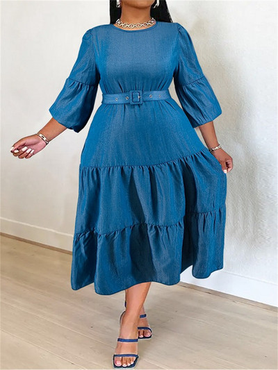 Wmstar nagyobb méretű farmer ruhák nőknek tömör hosszú ujjú divatos elegáns új maxi ruha nagykereskedés kötéssel