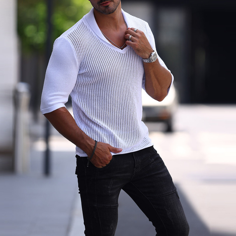 Modes, vienkrāsains V-veida kakla izgriezuma T-krekls Ikdienišķa dūriena krekli Top Streetwear 2024 3/4 piedurknēm, dobām piedurknēm, trikotāžas pulovers vīriešu apģērbi
