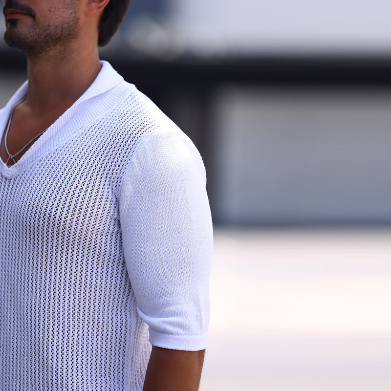 Modes, vienkrāsains V-veida kakla izgriezuma T-krekls Ikdienišķa dūriena krekli Top Streetwear 2024 3/4 piedurknēm, dobām piedurknēm, trikotāžas pulovers vīriešu apģērbi