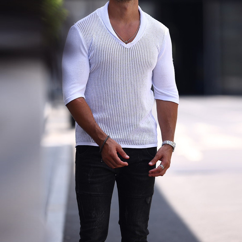 Modes, vienkrāsains V-veida kakla izgriezuma T-krekls Ikdienišķa dūriena krekli Top Streetwear 2024 3/4 piedurknēm, dobām piedurknēm, trikotāžas pulovers vīriešu apģērbi