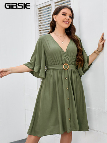 GIBSIE Големи размери Surplice Neck Half Sleeve Solid Belted Dress Women Boho Tie Back Casual A-line Button Summer Midi Dress 2024