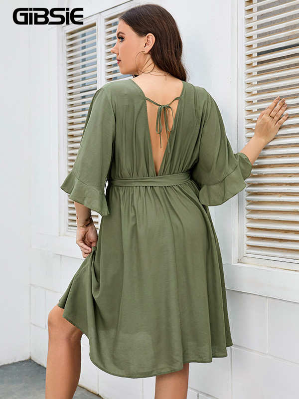 GIBSIE lielizmēra pārliekta kakla kleita ar puspiedurknēm cieta jostas kleita sievietēm, Boho kaklasaite, ikdienas vasaras midi kleitas ar pogām, 2024