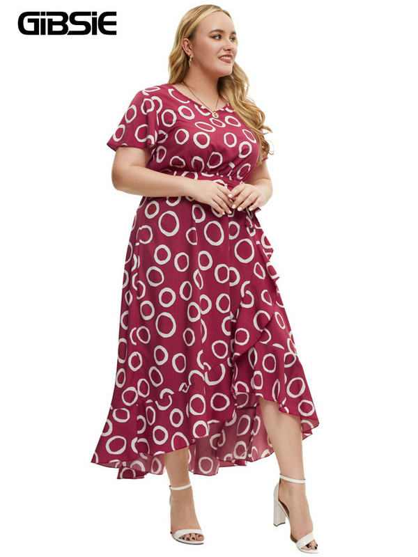 GIBSIE lielizmēra ikdienišķa apdruka ar volāniem pievilkta kleita sievietēm ar īsām piedurknēm, brīvdienu pludmales sauļošanās kleita sievietēm, garas boho kleitas