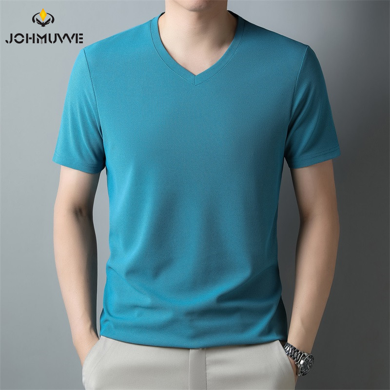 2024. gada jauns vīriešu T-krekls ar īsām piedurknēm vafeļu V kakla izgriezumā