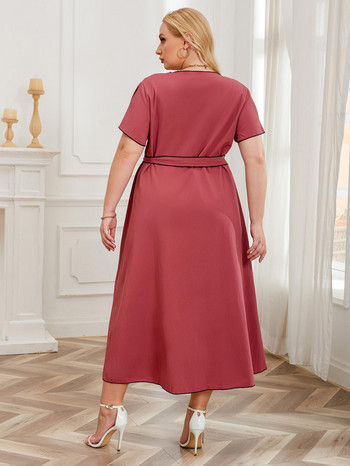 Големи размери Дамска рокля с къс ръкав с неоформен подгъв, едноцветно облекло с колан за кръста, голямо облекло с V-образно деколте