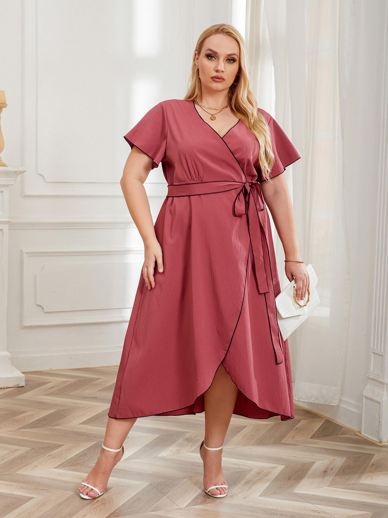 Ženska haljina velike veličine kratkih rukava Nepravilan rubni ogrtač Jednobojni remen za struk Odjeća Prevelika ženska gornja odjeća s V izrezom