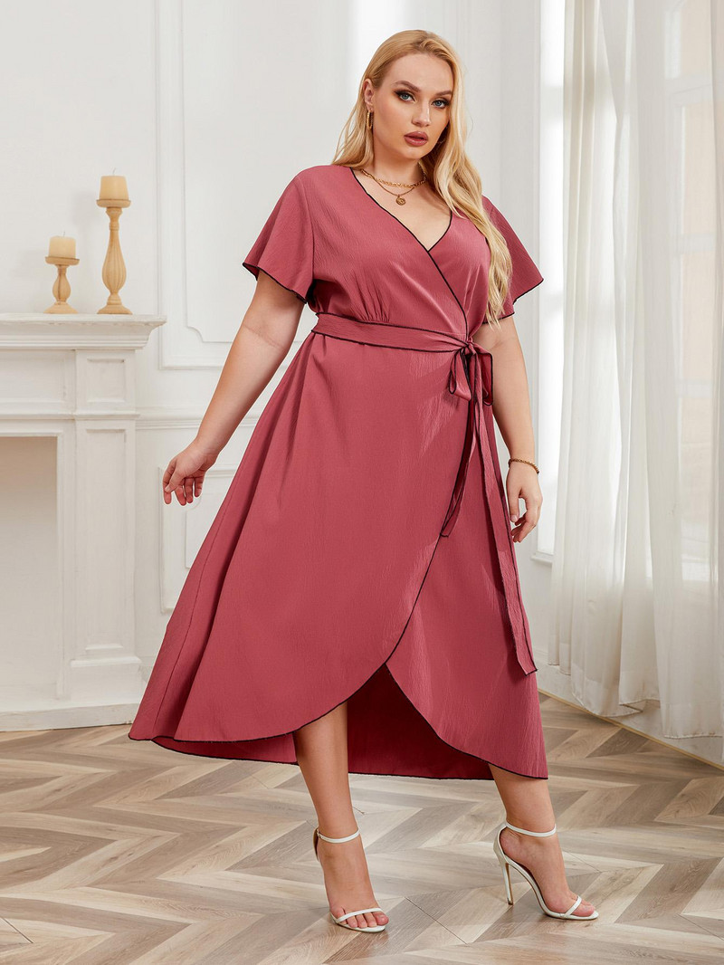 Ženska haljina velike veličine kratkih rukava Nepravilan rubni ogrtač Jednobojni remen za struk Odjeća Prevelika ženska gornja odjeća s V izrezom