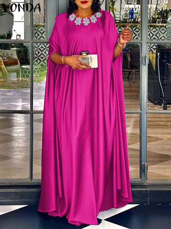 Плюс размер 5XL VONDA Лятна парти рокля Модна дамска сатенена дълга макси рокля Бохемска обла деколте 3/4 прилеп ръкав Vestidos Robe