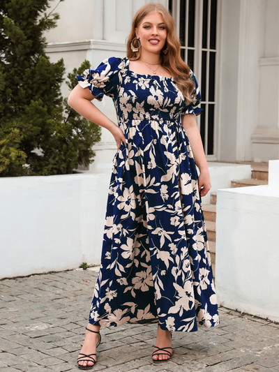 GIBSIE Ženska haljina s puf rukavima s četvrtastim izrezom i cvjetnim uzorkom, velika veličina, ljeto 2024., boemske duge maksi haljine za odmor na plaži