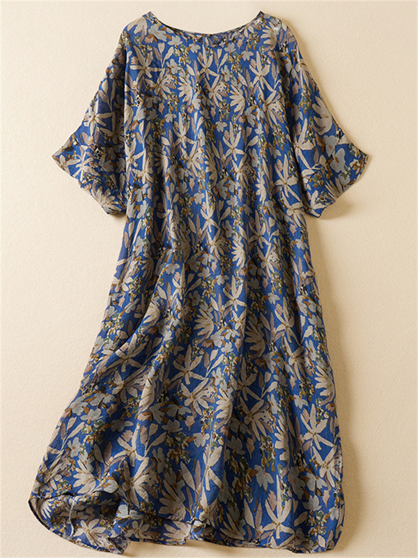 Nagy méretű nyári új vintage virágos ruha alkalmi laza női női pamut vászon mintás ruhák női virágos pulóveres midi ruha