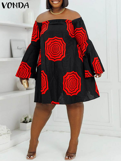 Liela izmēra VONDA sieviešu vasaras kleita uz pleciem, Bohēmijas ziedu apdrukāta mini Vestidos gadījuma gadījuma halāts ar garām piedurknēm