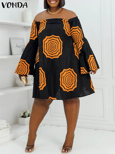 Liela izmēra VONDA sieviešu vasaras kleita uz pleciem, Bohēmijas ziedu apdrukāta mini Vestidos gadījuma gadījuma halāts ar garām piedurknēm