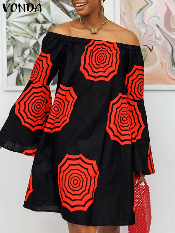 Liela izmēra VONDA sieviešu vasaras kleita uz pleciem, Bohēmijas ziedu apdrukāta mini Vestidos gadījuma gadījuma halāts ar garām piedurknēm