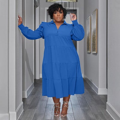 CM.YAYA Marime Plus Vintage Femei Maneca Lungi Guler Rabat Maneca Lunga Big Swing Camasa Leaga Bluza Rochie Maxi lunga Toamna