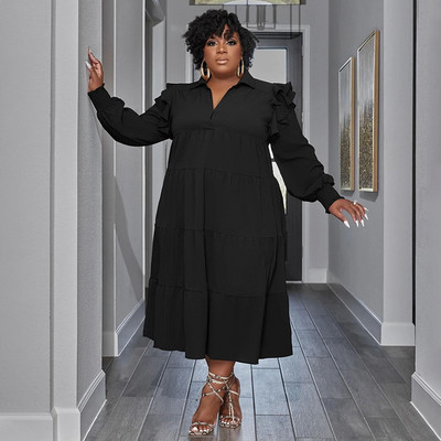 CM.YAYA Marime Plus Vintage Femei Maneca Lungi Guler Rabat Maneca Lunga Big Swing Camasa Leaga Bluza Rochie Maxi lunga Toamna