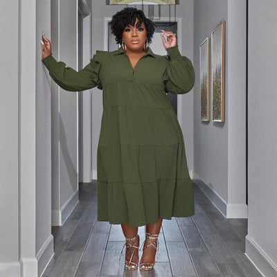 CM.YAYA Marime Plus Vintage Femei Maneca Lungi Guler Rabat Maneca Lunga Big Swing Camasa Leaga Bluza Rochie Maxi lunga Toamna