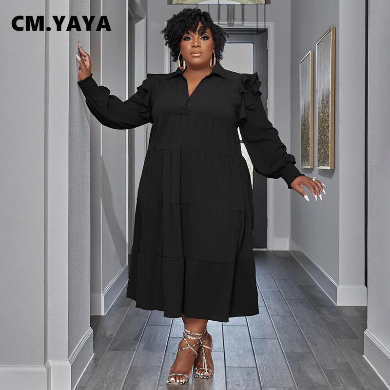 CM.YAYA Marime Plus Vintage Femei Maneca Lungi Guler Rabat Maneca Lunga Big Swing Camasa Leaga Bluza Rochie Maxi lunga Toamna