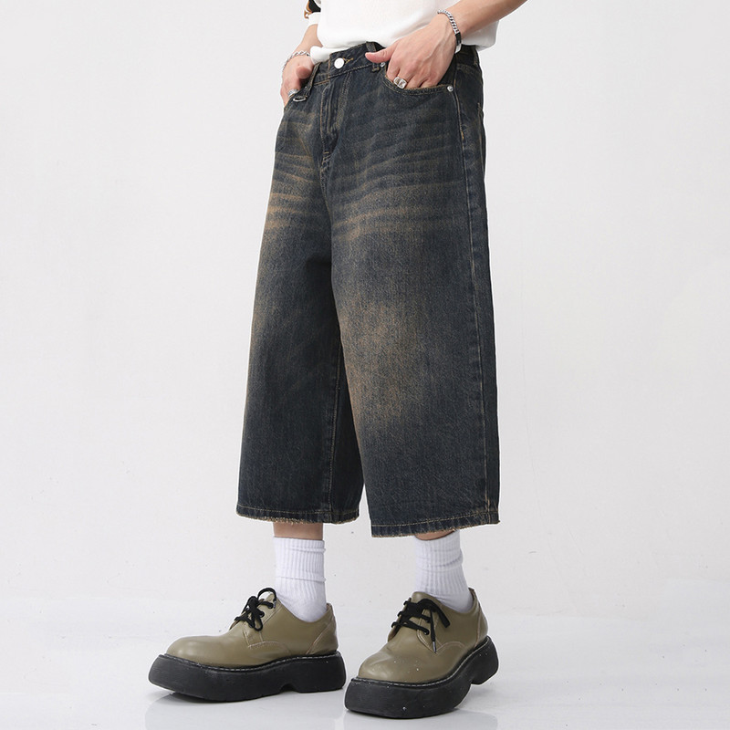 Vīriešu vintage brīvi džinsa šorti zili plati džinsi šorti vīrietim vasaras ikdienas baggy džinsi šorti melni