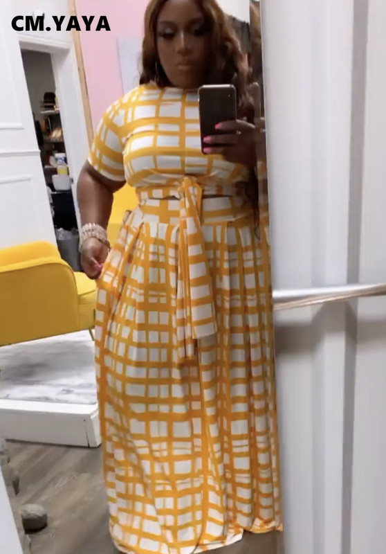 CM.YAYA női, nagy méretű kockás, kétrészes szett, divatos nyakkendős póló és maxiszoknya, hozzáillő szett Streetwear vintage ruhák