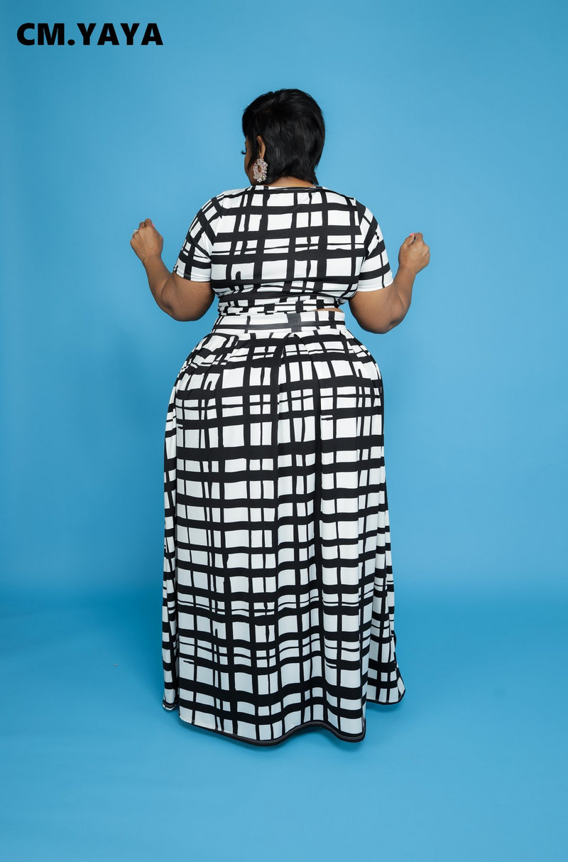 CM.YAYA női, nagy méretű kockás, kétrészes szett, divatos nyakkendős póló és maxiszoknya, hozzáillő szett Streetwear vintage ruhák