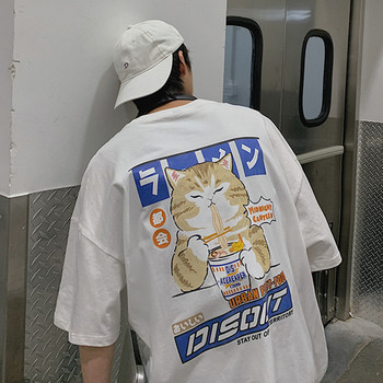 Privathinker Cat Cartoon Graphic Men Tshirt Ежедневна широка тениска с къс ръкав Японски стил Oversize тениска Мъжко облекло