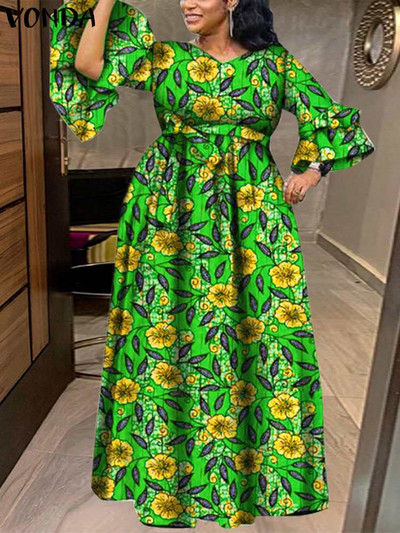 Suures suuruses 5XL VONDA boheemlaste lilledega trükitud maksikleit naistele seksikas V-kaelusega pikkade varrukatega volangidega Vestidos vabaaja vaba vintage rüü