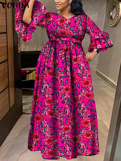 Suures suuruses 5XL VONDA boheemlaste lilledega trükitud maksikleit naistele seksikas V-kaelusega pikkade varrukatega volangidega Vestidos vabaaja vaba vintage rüü