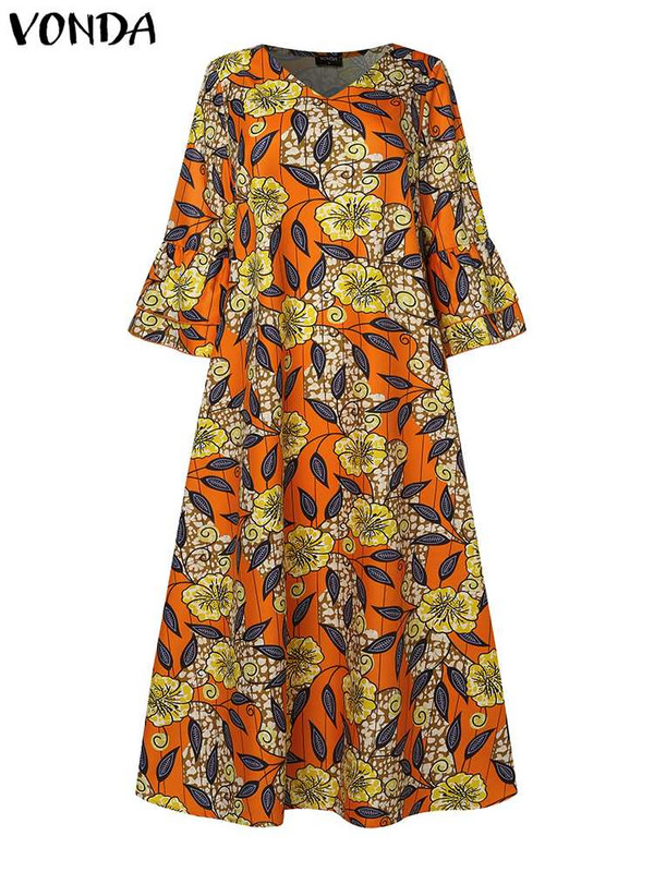 Liela izmēra 5XL VONDA Bohēmijas, ziedu apdruka, maksiāla kleita sievietēm, seksīga V veida kakla izgriezums ar garām piedurknēm, volāniem Vestidos ikdienišķs brīvs vintage halāts