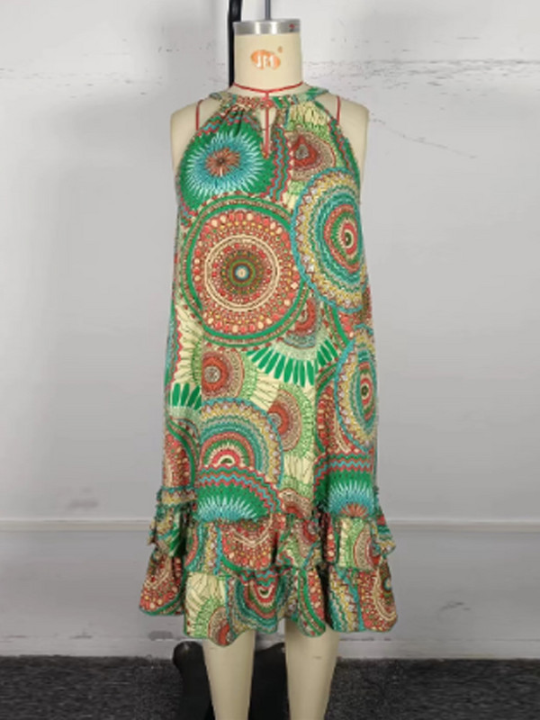 GIBSIE Nagy méretű, etnikai mintás csokornyakkendő kötőfékes ruha női ünnepi Boho Beach nyári ujjatlan, réteges, fodros szegélyű rövid ruhák