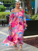 CM.YAYA Liela izmēra sieviešu ziedu abstrakta, no pleciem, garām piedurknēm, taisna, brīva, gara kleita 2023. gada vasaras līknes modes kleita