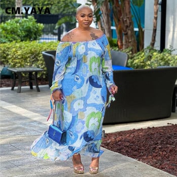 CM.YAYA Plus Size Γυναικεία Floral Abstract Off Shoulder Μακρυμάνικο ίσιο Φαρδύ μάξι μακρύ φόρεμα 2023 Summer Curve Fashion Dress