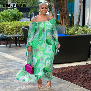 CM.YAYA Plus Size Γυναικεία Floral Abstract Off Shoulder Μακρυμάνικο ίσιο Φαρδύ μάξι μακρύ φόρεμα 2023 Summer Curve Fashion Dress