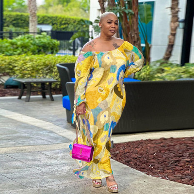 CM.YAYA Liela izmēra sieviešu ziedu abstrakta, no pleciem, garām piedurknēm, taisna, brīva, gara kleita 2023. gada vasaras līknes modes kleita