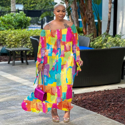 CM.YAYA Liela izmēra sieviešu ziedu abstrakta, no pleciem, garām piedurknēm, taisna, brīva, gara kleita 2023. gada vasaras līknes modes kleita