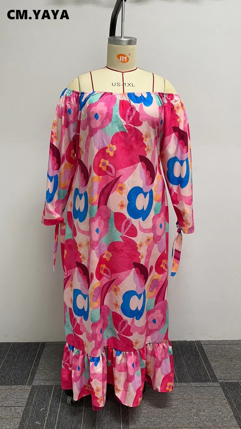 CM.YAYA Liela izmēra sieviešu ziedu abstrakta, no pleciem, garām piedurknēm, taisna, brīva, gara kleita 2023. gada vasaras līknes modes kleita