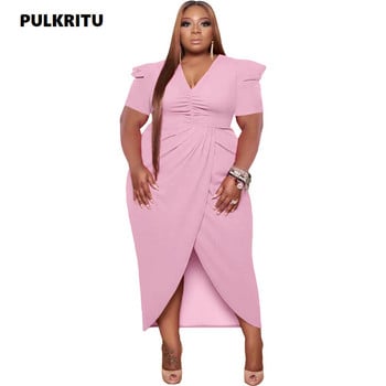 Pulkritu Plus Size Γυναικεία Puff κοντά μανίκια Wrap ψηλά πλαϊνά Split Bodycon Midi Maxi Μακρύ Φόρεμα Σέξι πάρτι ακόμα και Vestido φορέματα