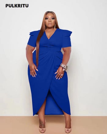 Pulkritu Plus Size Γυναικεία Puff κοντά μανίκια Wrap ψηλά πλαϊνά Split Bodycon Midi Maxi Μακρύ Φόρεμα Σέξι πάρτι ακόμα και Vestido φορέματα