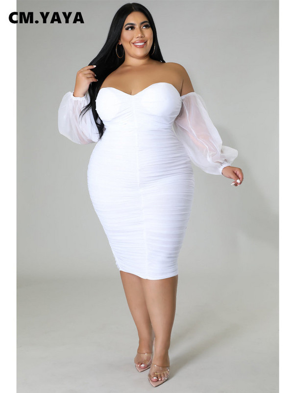 CM.YAYA Nagy méretű női hálós patchwork vállról domborodó Bodycon midi ruha estélyi tél 2022 szexi party klub báli ruhák
